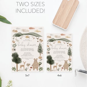 May include: Two printable baby shower invitations in woodland theme with a bear, deer, and floral accents. The invitations are available in 5x7 and 4x6 sizes. The text on the invitations reads "Please join us for a baby shower".