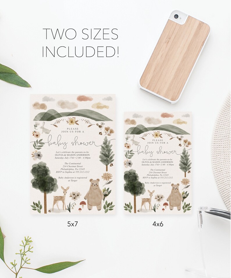 May include: Two printable baby shower invitations in woodland theme with a bear, deer, and floral accents. The invitations are available in 5x7 and 4x6 sizes. The text on the invitations reads "Please join us for a baby shower".