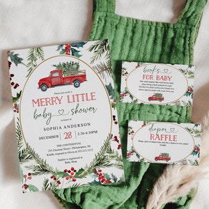 Merry Little Baby Shower Invitation Set Template, Printable Editable, Thank You Card, Diaper Raffle, Books For Baby, Christmas Baby Shower