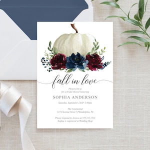 Fall Bridal Shower Invitation Template, Printable Burgundy Navy Pumpkin, Fall In Love, Editable, Invite, Instant Download, Navy Blue Floral