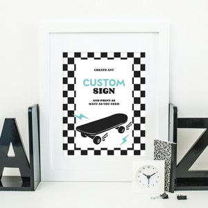 Bearbeitbares benutzerdefiniertes Schild Vorlage Benutzerdefiniertes Babypartyschild Gefälligkeiten Geschenke Karten druckbare Tischschilder Skateboard Babyparty Baby an Bord Jungenbaby