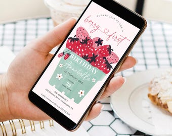 Berry 1st Birthday Party Evite Template, Strawberry Birthday Digital Invite, Girl Birthday Invite, Editable, Birthday Party Girl, First