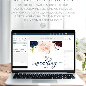 May include: A laptop screen displaying a wedding invitation template on the Corjl platform. The template features a watercolor floral design with navy blue, pink, and burgundy flowers. The text "THE wedding OF" is written in a cursive font.