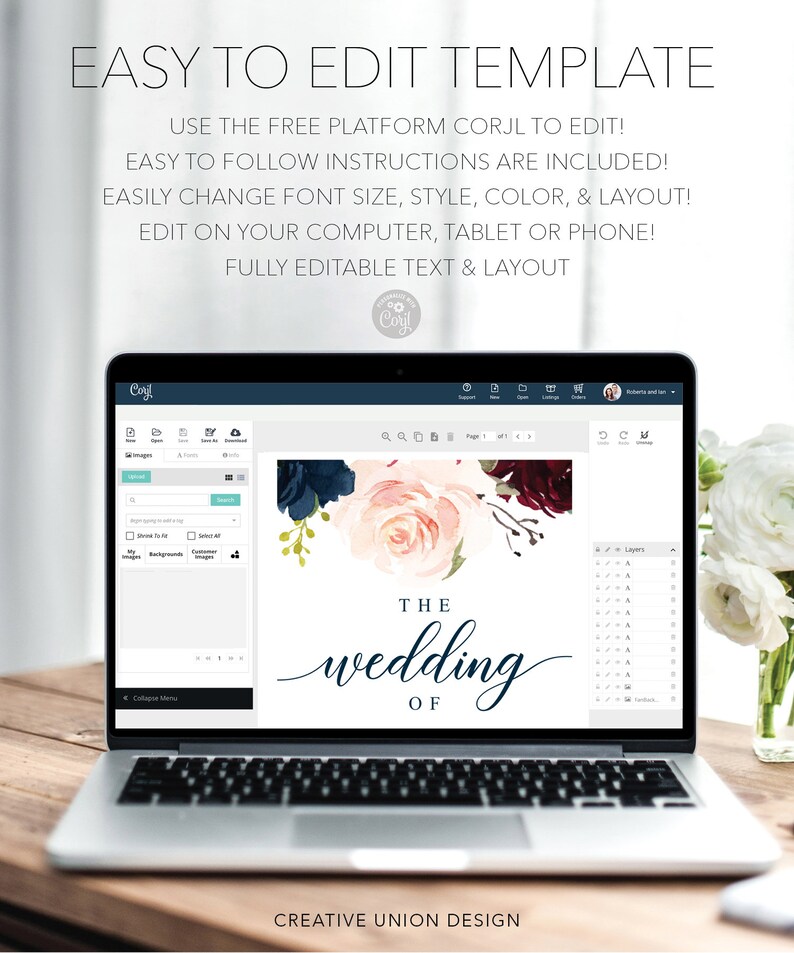 May include: A laptop screen displaying a wedding invitation template on the Corjl platform. The template features a watercolor floral design with navy blue, pink, and burgundy flowers. The text "THE wedding OF" is written in a cursive font.