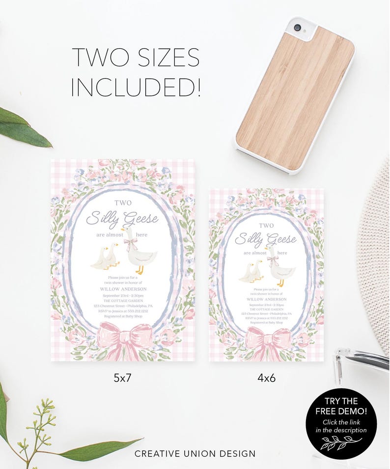 Cottagecore Silly Goose Twin Baby Shower Invitation Editable Template ...