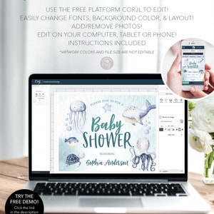 May include: A laptop screen displaying a baby shower invitation template with an ocean theme. The invitation features a whale, jellyfish, octopus, and a turtle. The text on the invitation reads "Please join us for a Baby Shower Honoring Sophia Anderson".