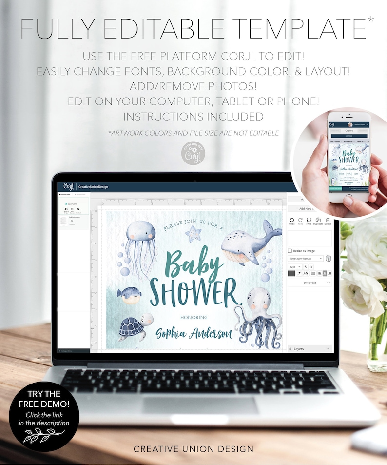 May include: A laptop screen displaying a baby shower invitation template with an ocean theme. The invitation features a whale, jellyfish, octopus, and a turtle. The text on the invitation reads "Please join us for a Baby Shower Honoring Sophia Anderson".