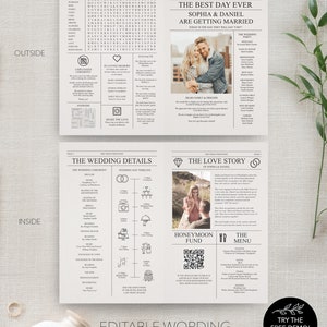 Newspaper Wedding Program Template, Printable Wedding Programs with Timeline, Infographic, Folded Program, Newspaper Editable Template, A4 image 4