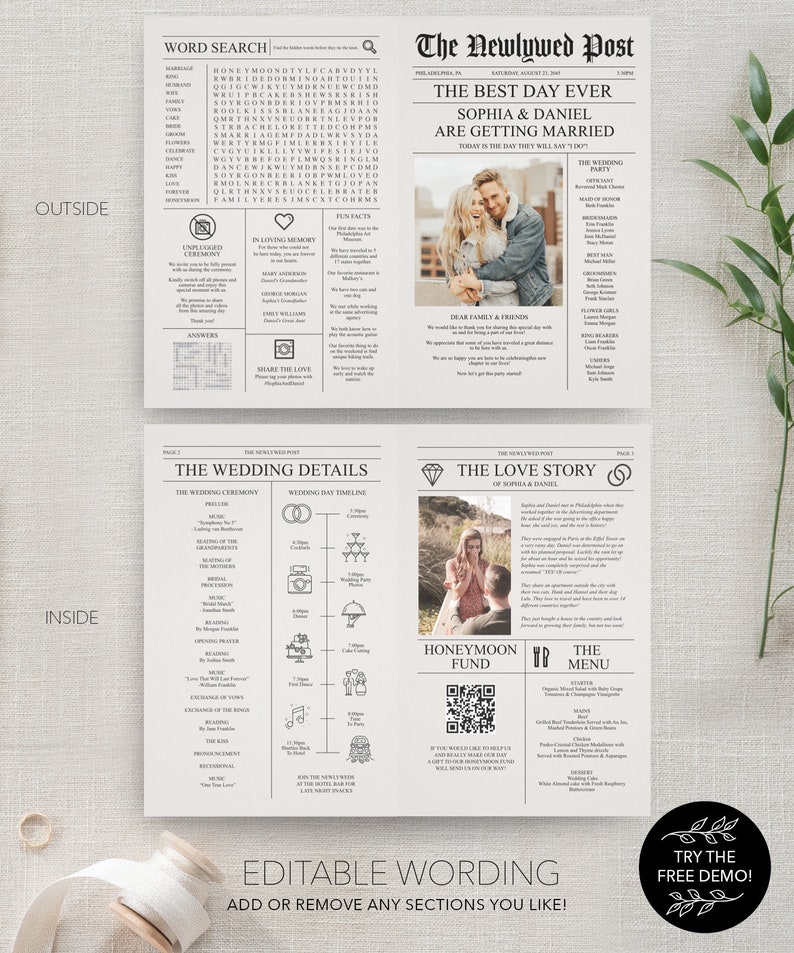 Newspaper Wedding Program Template, Printable Wedding Programs with Timeline, Infographic, Folded Program, Newspaper Editable Template, A4 image 4