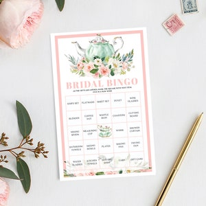 Juego de bingo para despedida de soltera, juego romántico para despedida de soltera, bingo, bingo para despedida de soltera, descarga instantánea, té para despedida de soltera, tetera, flores