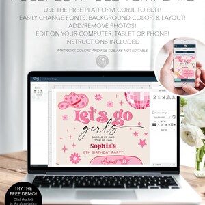 Plantilla de invitación para fiesta de cumpleaños de vaquera rosa, fiesta de vaquera disco rosa, cumpleaños de rodeo, fiesta de cumpleaños para niña, ¡Vamos chicas!, cualquier edad imagen 8