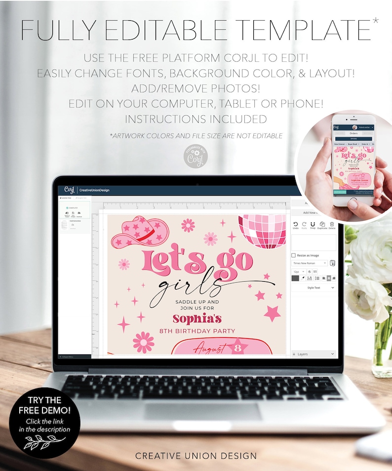 Plantilla de invitación para fiesta de cumpleaños de vaquera rosa, fiesta de vaquera disco rosa, cumpleaños de rodeo, fiesta de cumpleaños para niña, ¡Vamos chicas!, cualquier edad imagen 8