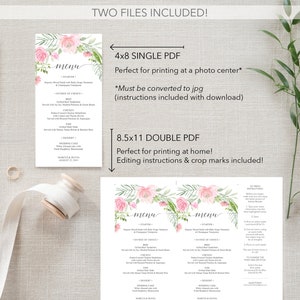 Wedding Menu Printable Menu Template Editable Menu Template Bridal Shower Menu 4x8 Menu Baby Shower Menu Pastel Blush image 3