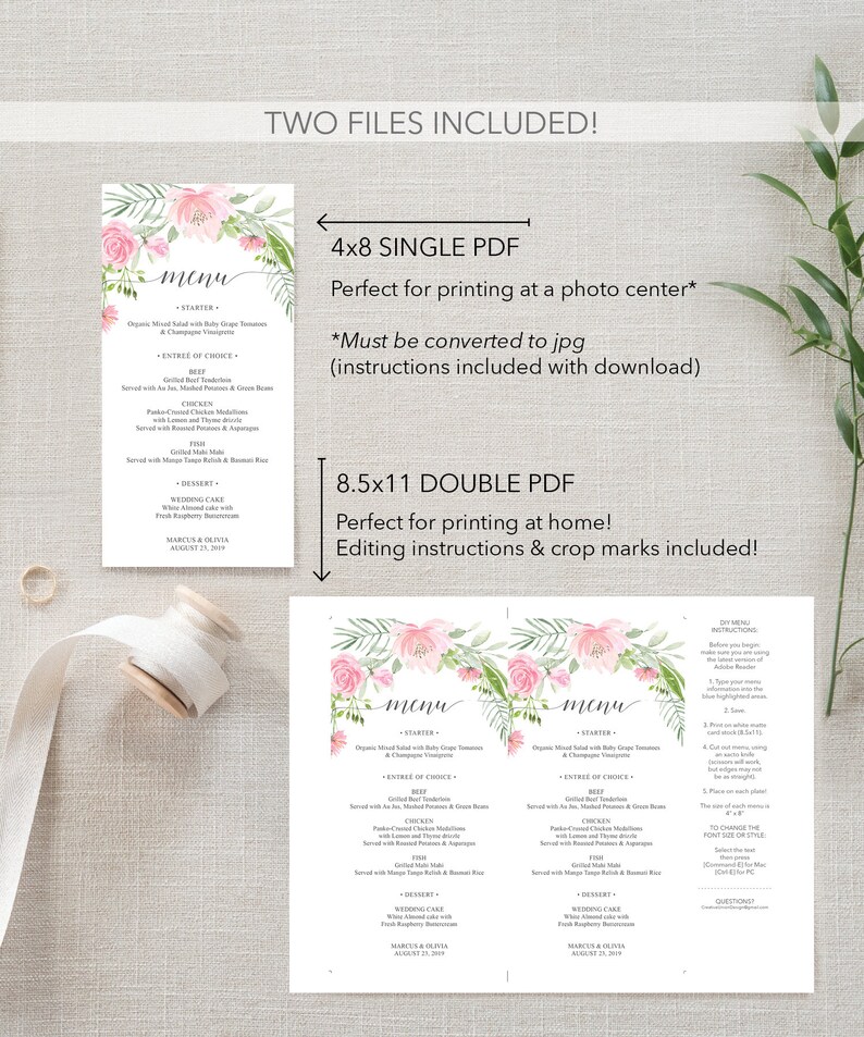 Wedding Menu Printable Menu Template Editable Menu Template Bridal Shower Menu 4x8 Menu Baby Shower Menu Pastel Blush image 3