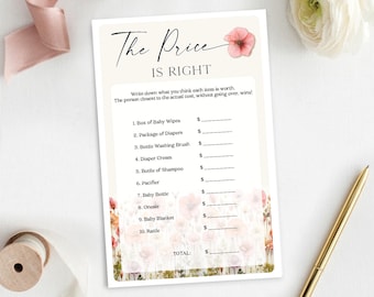 Gioco per baby shower a tema fiori selvatici, Il prezzo è giusto, Gioco per baby shower, Stampabile, Scaricabile, Il prezzo è giusto, Steli di fiori, Neutro per genere