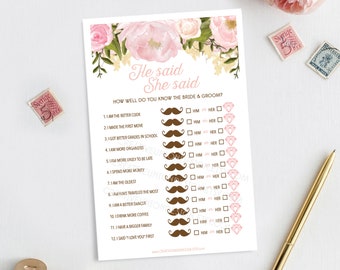 He Said She Said Bridal Shower Game, Wedding Shower, Printable Instant Download, How Well Do You Know the Bride and Groom, Pink Peony Floral