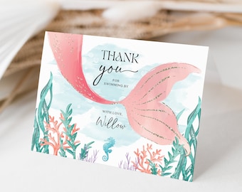 1st Birthday Thank You, Thank You Cards, Mermaid Thank You Card Template, Folded Thank You, Splish Splash, Girl Birthday, Mermaid Birthday