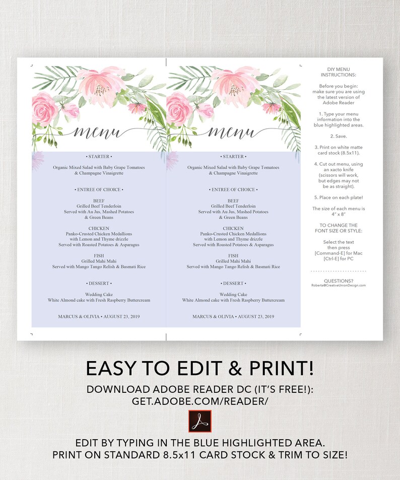 Wedding Menu Printable Menu Template Editable Menu Template Bridal Shower Menu 4x8 Menu Baby Shower Menu Pastel Blush image 4