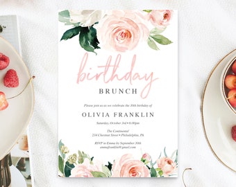 Birthday Brunch Invitation for Her - 30th Birthday Invite - Printable - Birthday Invitations - Editable Birthday Party Invite - Airy Blush