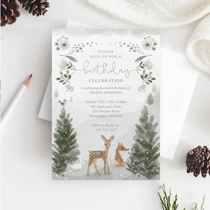 Winter Boho Woodland Birthday Party Invitation Template, Birthday Invite, Printable, Editable Birthday Party Invite for Kids, Boy Girl