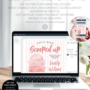K&ouml;nnte beinhalten: Ein Laptop-Bildschirm zeigt eine rosa-wei&szlig;e Einladungsvorlage f&uuml;r eine Brautparty mit dem Text "She's Been Scooped Up" und einer Grafik eines rosa-wei&szlig;en Eisbechers. Die Einladung ist mit der Plattform Corjl anpassbar. Der Text "Try the Free Demo!" wird auf einem gr&uuml;n-wei&szlig;en Banner in der linken unteren Ecke des Bildes angezeigt.