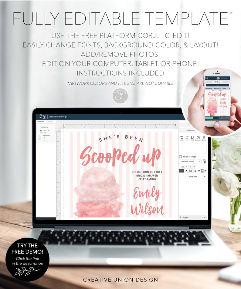 K&ouml;nnte beinhalten: Ein Laptop-Bildschirm zeigt eine rosa-wei&szlig;e Einladungsvorlage f&uuml;r eine Brautparty mit dem Text "She's Been Scooped Up" und einer Grafik eines rosa-wei&szlig;en Eisbechers. Die Einladung ist mit der Plattform Corjl anpassbar. Der Text "Try the Free Demo!" wird auf einem gr&uuml;n-wei&szlig;en Banner in der linken unteren Ecke des Bildes angezeigt.