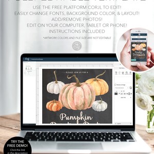 May include: A laptop displays a customizable pumpkin-themed invitation template. The design features watercolor pumpkins in various colors against a dark background. Text includes "Pumpkin Painting Party" and instructions for editing.