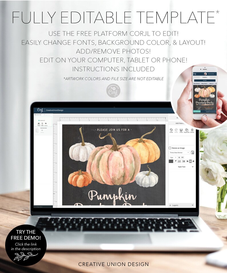 May include: A laptop displays a customizable pumpkin-themed invitation template. The design features watercolor pumpkins in various colors against a dark background. Text includes "Pumpkin Painting Party" and instructions for editing.