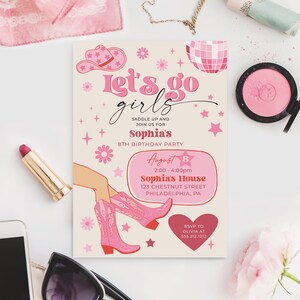 Plantilla de invitación para fiesta de cumpleaños de vaquera rosa, fiesta de vaquera disco rosa, cumpleaños de rodeo, fiesta de cumpleaños para niña, ¡Vamos chicas!, cualquier edad imagen 4