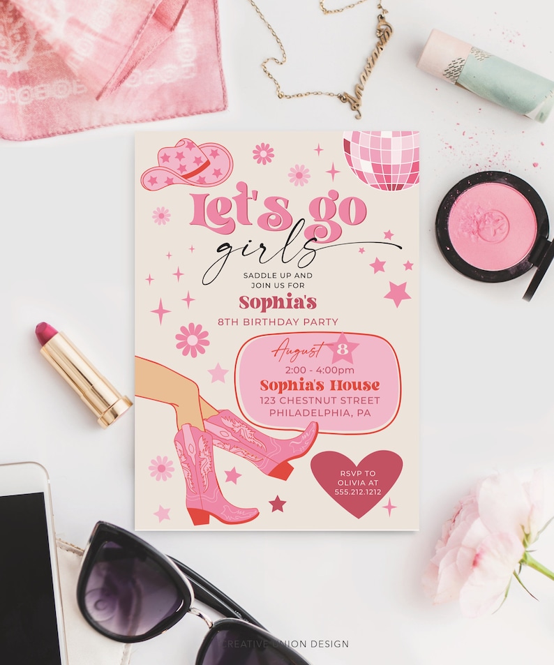 Plantilla de invitación para fiesta de cumpleaños de vaquera rosa, fiesta de vaquera disco rosa, cumpleaños de rodeo, fiesta de cumpleaños para niña, ¡Vamos chicas!, cualquier edad imagen 4