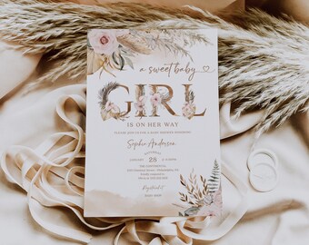 Modèle d'invitation de baby shower tropical bohème des pampas, invitation de baby shower bohème, sexe neutre, baby shower, baby shower fille, saupoudrer