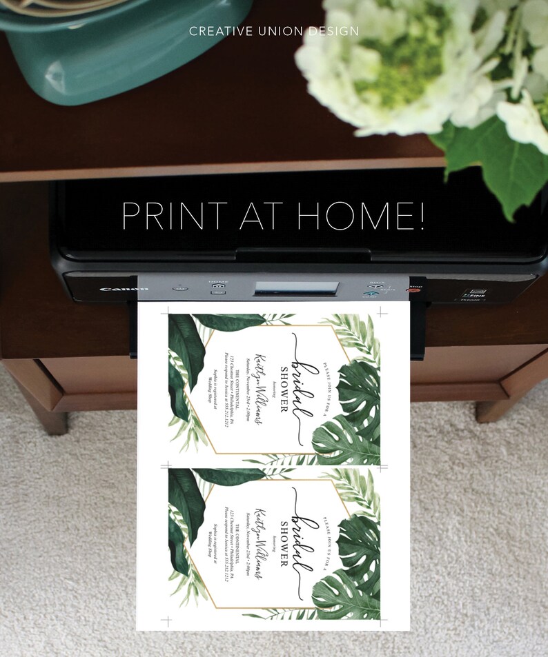 May include: Two printable bridal shower invitations with a tropical theme. The invitations feature a gold hexagonal frame with green tropical leaves and the text "Please join us for a bridal shower" and "Keitlyn Williams".