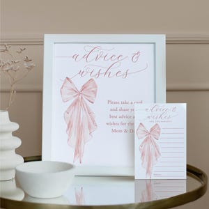 Carte de conseils pour baby shower aquarelle fille noeud rose, conseils pour les futurs parents, voeux de parents, jeux baby shower, ruban rose, minimaliste