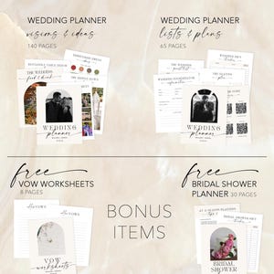 May include: A digital wedding planner with 140 pages of vision and ideas and 65 pages of lists and plans. It also includes free vow worksheets and a bridal shower planner with 30 pages.