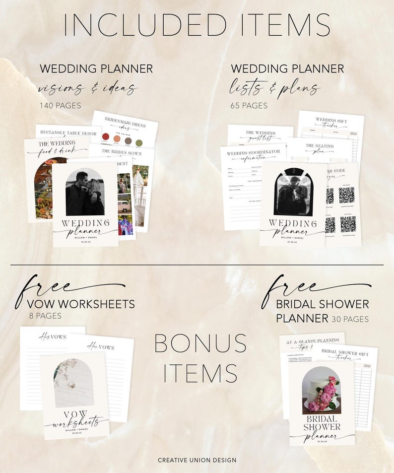 May include: A digital wedding planner with 140 pages of vision and ideas and 65 pages of lists and plans. It also includes free vow worksheets and a bridal shower planner with 30 pages.
