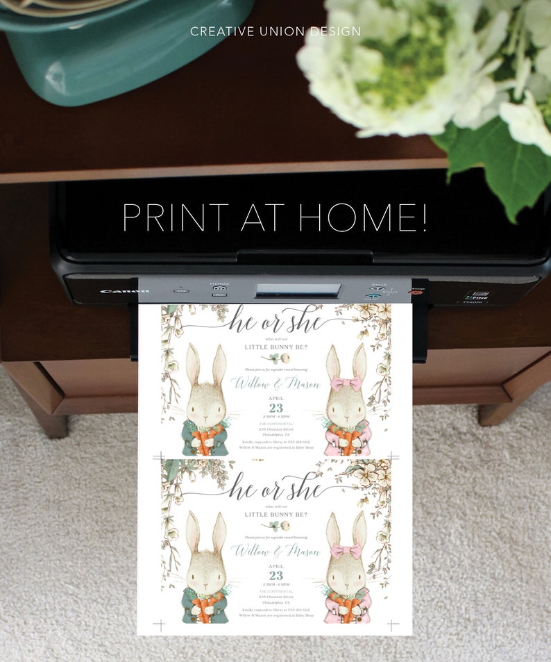 Peut inclure: Deux invitations imprimables pour une r&eacute;v&eacute;lation de sexe avec une illustration aquarelle d'un lapin tenant une carotte. Le texte sur l'invitation indique "He or She? Little Bunny Be?" avec la date et l'heure de l'&eacute;v&eacute;nement.