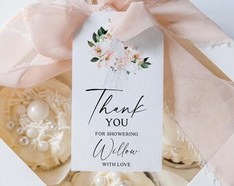Bedankkaartje voor vrijgezellenfeest, sjabloon bedankkaartje, bedanklabel, douche met liefde, blozende hortensia, trouwjurk, gunsten vrijgezellenfeest