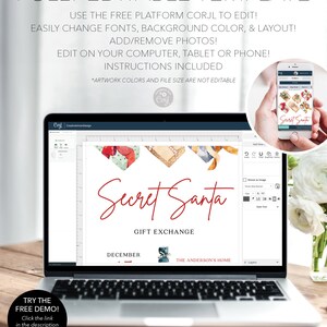 Pu&ograve; includere: Un laptop mostra un modello di scambio di regali "Secret Santa". Lo schermo mostra un design con testo rosso e illustrazioni di regali ad acquerello. L'immagine include il testo "Modello completamente modificabile" e le istruzioni.