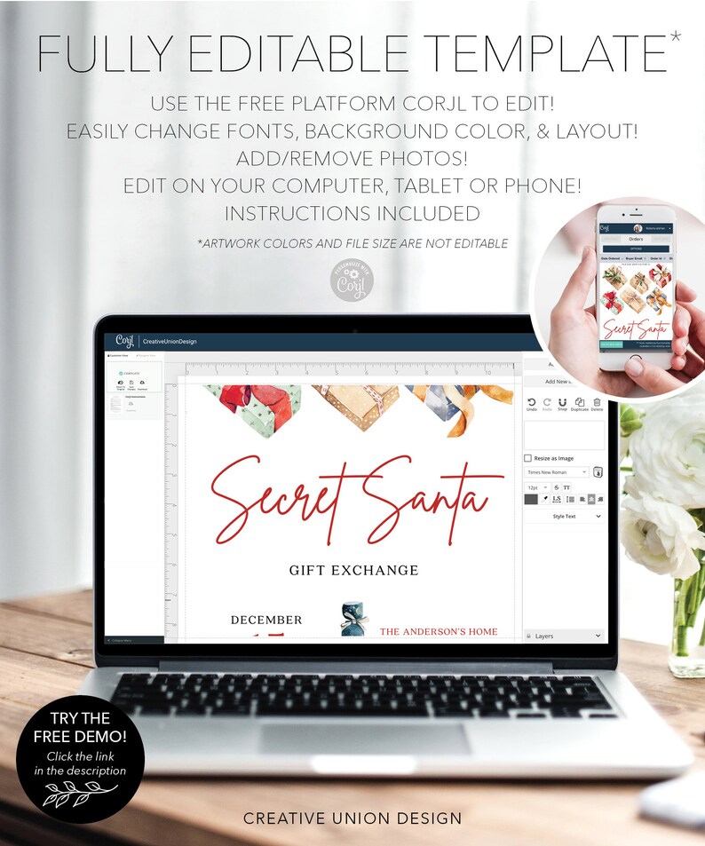 Pu&ograve; includere: Un laptop mostra un modello di scambio di regali "Secret Santa". Lo schermo mostra un design con testo rosso e illustrazioni di regali ad acquerello. L'immagine include il testo "Modello completamente modificabile" e le istruzioni.