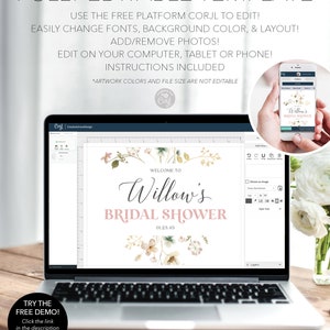 May include: A laptop displays a bridal shower invitation template with floral accents. The text reads "Welcome to Willow's Bridal Shower" with the date 01.23.45. Additional text includes "Fully Editable Template" and "Try the Free Demo!"