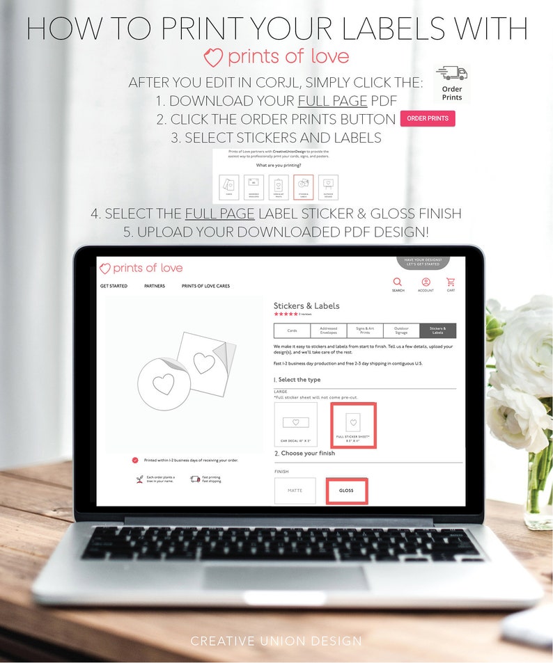 Puede incluir: Una pantalla de computadora port&aacute;til que muestra el sitio web Prints of Love. La pantalla muestra instrucciones sobre c&oacute;mo imprimir etiquetas y pegatinas personalizadas. El sitio web presenta un logotipo de coraz&oacute;n rojo con el texto "Prints of Love".