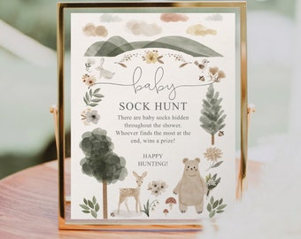 Boho Woodland Baby Sock Hunt Game, Boho Baby Shower Game, Sock Hunt Sign, Editable Template, Printable, Instant Download, Bear, Deer