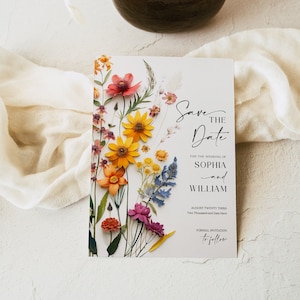 Wildblumen Save the Date Vorlage, Druckbare Save The Date, einzigartige Save The Dates, Hochzeitsvorlage, Instant Download, gepresste Blumen