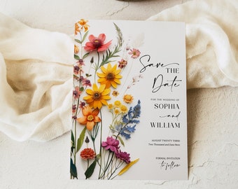 Wildblumen Save the Date Vorlage, Druckbare Save The Date, einzigartige Save The Dates, Hochzeitsvorlage, Instant Download, gepresste Blumen