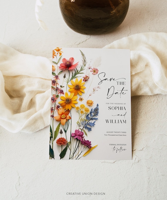 Wildflower Save the Date Template, Printable Save The Date, Unique Save The Dates, Wedding Template, Instant Download, Pressed Flowers