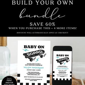 May include: A black and white baby shower invitation featuring a skateboard graphic with the text "Baby on Board". The invitation includes the name "Willow Anderson" and the date and time of the shower.