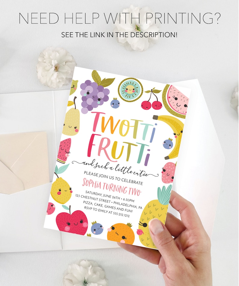 May include: A colorful invitation for a child's birthday party with a fruit theme. The invitation features a cartoon illustration of various fruits with faces, including a watermelon, a pineapple, a banana, a strawberry, a kiwi, a lemon, a pear, a grape, and a cherry. The text on the invitation reads "Twotti Frutti and such a little catie" and "Sophia Turning Two". The invitation includes the date, time, and location of the party, as well as an RSVP contact.