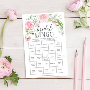 Juego de bingo para despedida de soltera, 60 hojas de juego únicas, juego de despedida de soltera, bingo imprimible para despedida de soltera, rubor pastel, floral, bingo, descarga instantánea