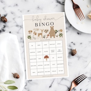 Bingo pour baby shower des bois, 60 feuilles de jeu uniques, jeux de baby shower, baby shower, téléchargement immédiat, baby shower, bohème boisé, cerf, ours