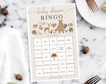 Woodland Baby Shower Bingo, 60 Unique Game Sheets, Baby Shower Games, Baby Shower, Instant Download, Baby Shower, Boho Woodland, Deer, Bear